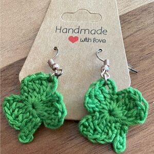 Handmade Crochet Shamrock Earrings, Cotton Thread, Lightweight